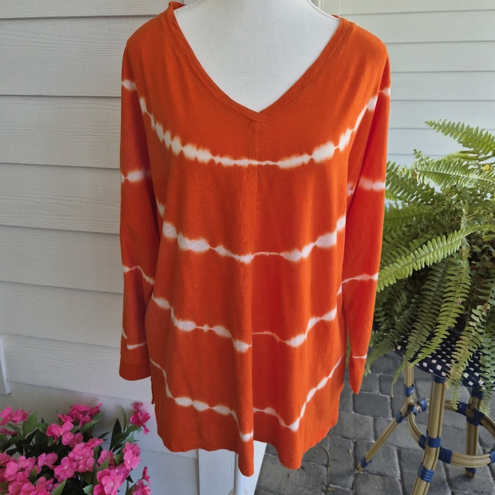 J. Jill Orange Shibori Tie Dye Top Large Cotton Modal Dolman Sleeve Relaxed Fit - Picture 2 of 11